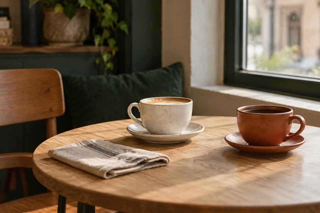 Zwei Kaffeetassen auf einem Tisch am Fenster